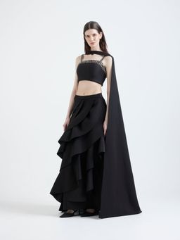 Ozeqo - Alia Black Studded Neck Top and Skirt with Detachable Overlay