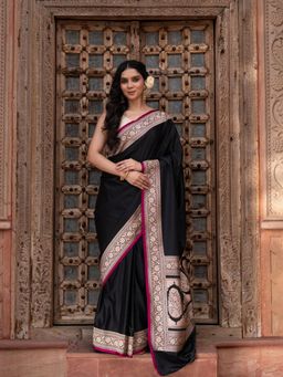 Zal from Benaras - Black Pure Katan Satin Silk Banarasi Handloom Saree with Unstitched Blouse