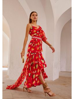 PALLAVI JAIPUR - Chilly Red Poppy Gul Drape Saree with Belt