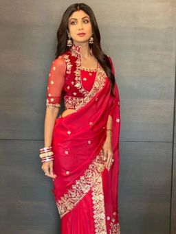 PALLAVI JAIPUR - Shilpa Shetty In Red Silk Embroidered Saree and Stitched Blouse Set