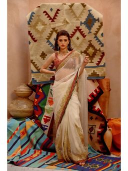 PALLAVI JAIPUR - Fawn 'queen Saree with Beetroot Sleeveless Tie-Up Blouse.