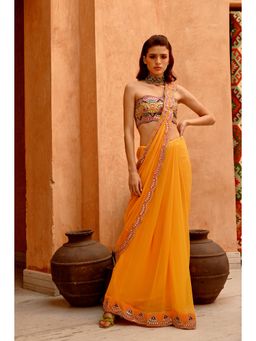 PALLAVI JAIPUR - Mango Yellow Drape Saree with Stitched Bandeau Blouse
