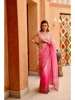 PALLAVI JAIPUR - Rose Pink Ombre Saree and Stitched Blouse Set