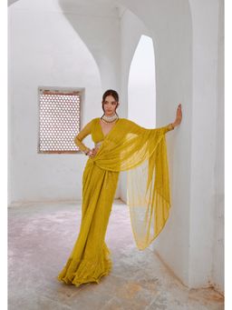 PALLAVI JAIPUR - Lemon Green Gulnasheen Jugnu Drape Saree with Stitched Blouse