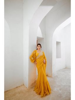 PALLAVI JAIPUR - Marigold Gulbahar Saree with Balloon Sleeve Blouse Set