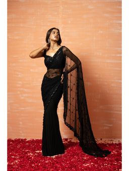 Quench A Thirst - Women Black Georgette Embellished Saree with Stitched Blouse