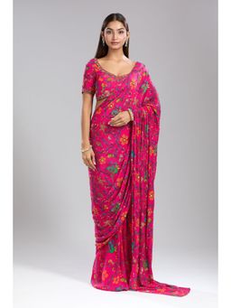 MEHAK MURPANA - Print Embroidered Pink Pre-Draped Saree with Stitched Blouse