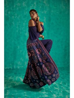 SHIAN - Navy Blue Patra Embroidered Lehenga Pant With Ruffle Blouse And Dupatta