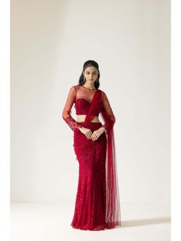 Dareiss - Red Chantilly Rose Draped Saree with Stitched Blouse