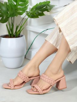 ELLE - Women's Fashionable Peach Woven Desing Heel Sandals