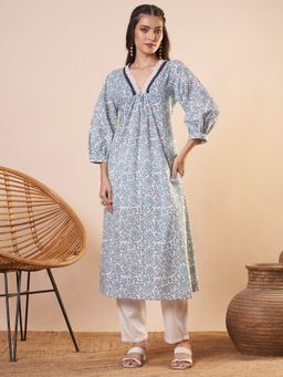 FASHOR - Ethnic Floral Printed A-Line Flared Kurta - Blue