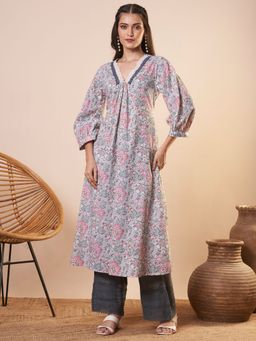 FASHOR - Floral Printed A-Line Pleated Flared Kurta - Grey