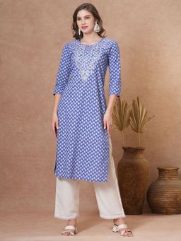 FASHOR - Ethnic Floral Printed and Embroidered Straight Fit Kurta - Blue