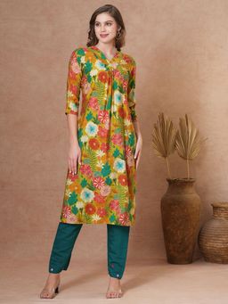 FASHOR - Floral Printed Straight Fit Kurta - Green