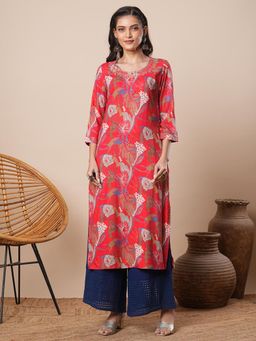 FASHOR - Floral Printed and Zari Embroidered Straight Fit Kurta - Coral