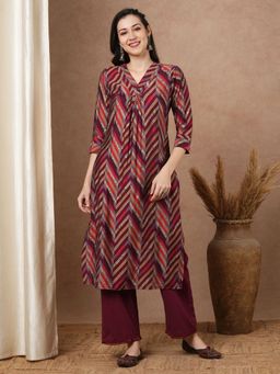 FASHOR - Ethnic Stripes Printed A-Line Paneled Kurta - Burgundy