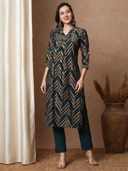 FASHOR - Ethnic Stripes Printed A-Line Paneled Kurta - Teal