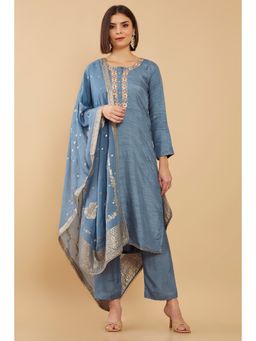 Soch - Women Blue Organza Embroidered Dress Material (Set of 3)