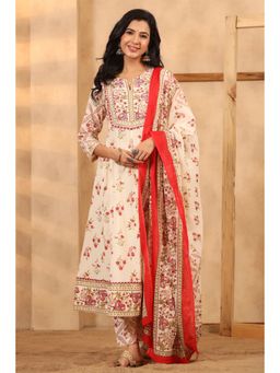 Rain & Rainbow - Women Coral Floral Printed Anarkali Kurta with Trouser and Dupatta (Set of 3)