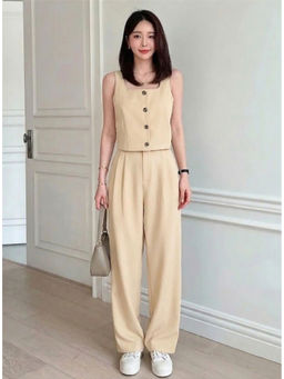 KOTTY - Women Beige Viscose Rayon Top with Pant Co-Ord Set