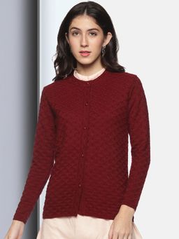 CLAPTON - Womens Wool Blend Maroon Full Sleeve Solid Self Design Round Neck Cardigan