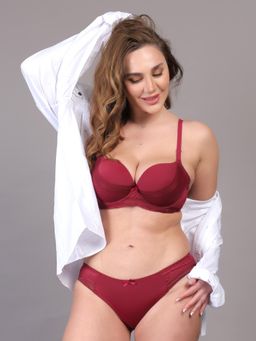 BRACHY - Maroon Heavily Padded Underwired Lace Lingerie Bra and Panty Set