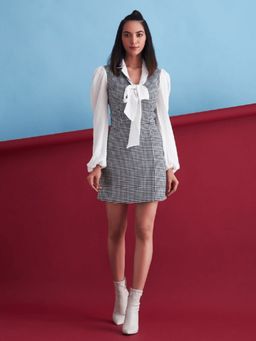 ETE - Juliette-black & White Tweed A-line Dress With Contrast Sleeves And Necktie