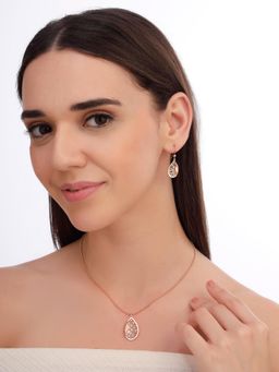 Carlton London - Women Rose Gold Plated Cz Stone Leaf Necklace Set