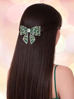 OOMPH - Women Green and White Crystal Butterfly Bow Hair Clip