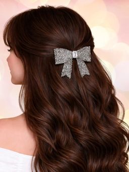 OOMPH - Women Grey Crystal Rhinestone Bow Hair Clip