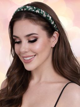 OOMPH - Women Green and White Crystal Padded Hair Band