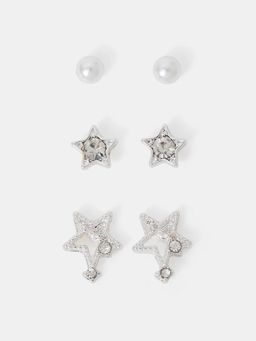 Accessorize London - Women Women Silver Pave Pearl and Star Stud Earrings (Pack of 3)