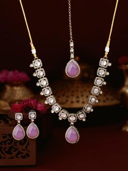 Zaveri Pearls - Women Pink Stones Diamonds Antique Jewellery Set
