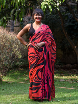 Suta - Red Striped Printed Pure Cotton Saree