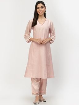 DART STUDIO - Hand Embellished Chanderi Kurta with Pants - Peach (Set of 2)