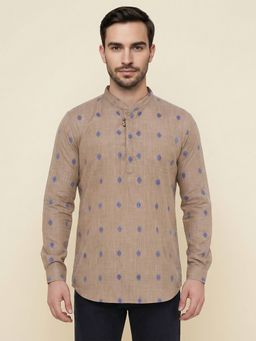 KUONS AVENUE - Lyocell Motifs Khaki Short Kurta