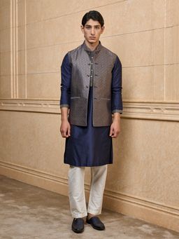 TASVA - Navy Brocade Kurta with Pant and Jacket