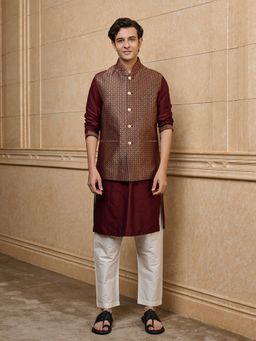TASVA - Wine Brocade Kurta with Pant and Jacket