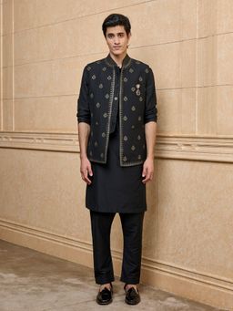 TASVA - Black Brocade Kurta with Pant and Jacket