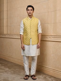 TASVA - Yellow Brocade Kurta with Pant and Jacket