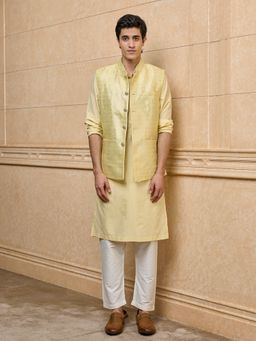 TASVA - Light Yellow Brocade Kurta with Pant and Jacket