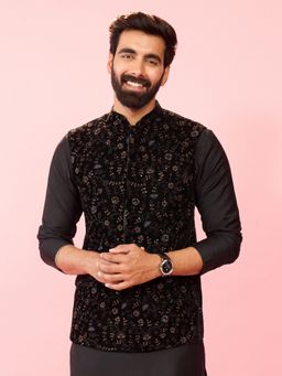 Vastramay - Black Velvet Floral Nehru Jacket