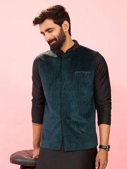 Vastramay - Teal Velvet Stone Work Nehru Jacket