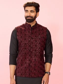 Vastramay - Wine Velvet Nehru Jacket