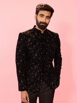 Vastramay - Black Velvet Thread Embroidered Jodhpuri Blazer