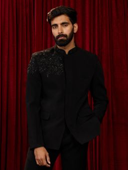 Vastramay - Black Imported Suiting Floral Cut Dana Stone Work Jodhpuri Jacket