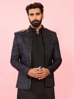 Vastramay - Navy Blue Sequin Embossed Jodhpuri Blazer