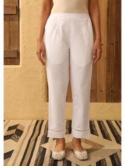 House of Chikankari - White Cotton Solid Women Lace Pant