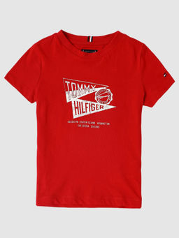 Tommy Hilfiger - Boys Logo Regular Fit Cotton T-Shirt Red