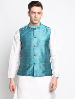 Devoiler - Men Teal Woven Design Nehru Jacket